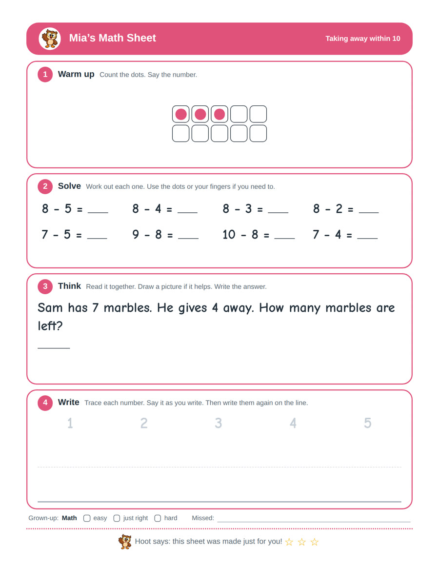 The sheet made for Mia: 8 − 5, 8 − 4, 8 − 3, 8 − 2, 7 − 5
