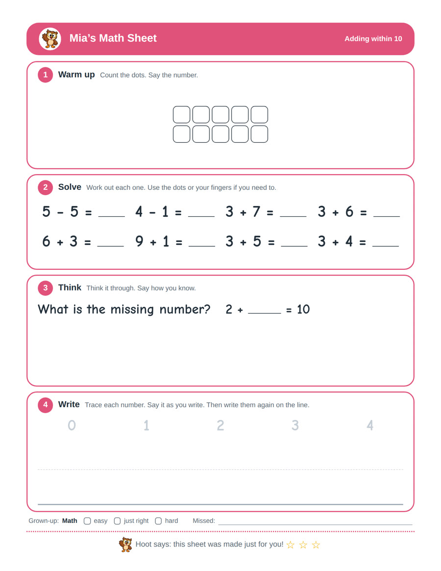 The sheet made for Mia: 5 − 5, 4 − 1, 3 + 7, 3 + 6, 6 + 3