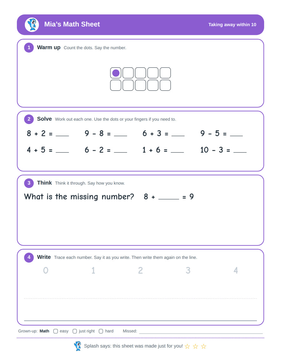The sheet made for Mia: 8 + 2, 9 − 8, 6 + 3, 9 − 5, 4 + 5