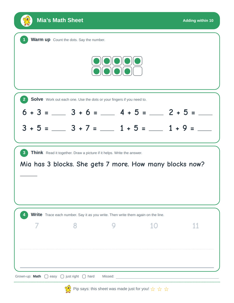 The sheet made for Mia: 6 + 3, 3 + 6, 4 + 5, 2 + 5, 3 + 5