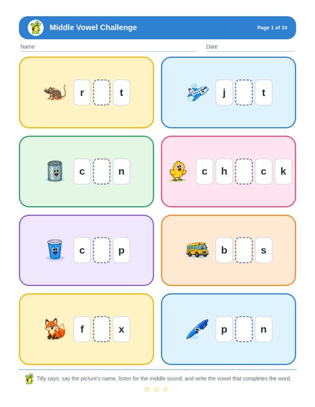 Free sample page from Middle Vowel Challenge