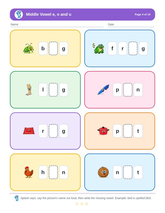 Middle Vowel e, o and u: sample page 3