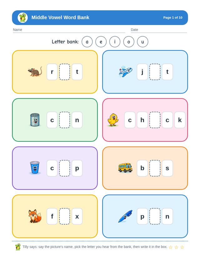 Free sample page from Middle Vowel Word Bank