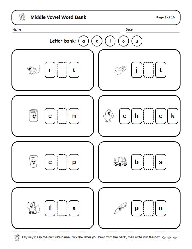 Middle Vowel Word Bank: sample page 4