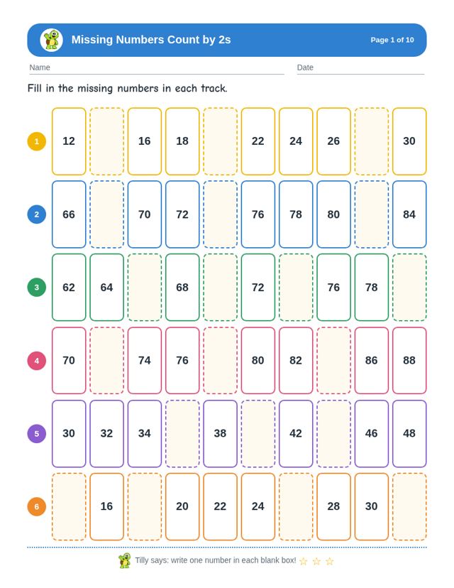 Missing Numbers Count by 2s free sample page