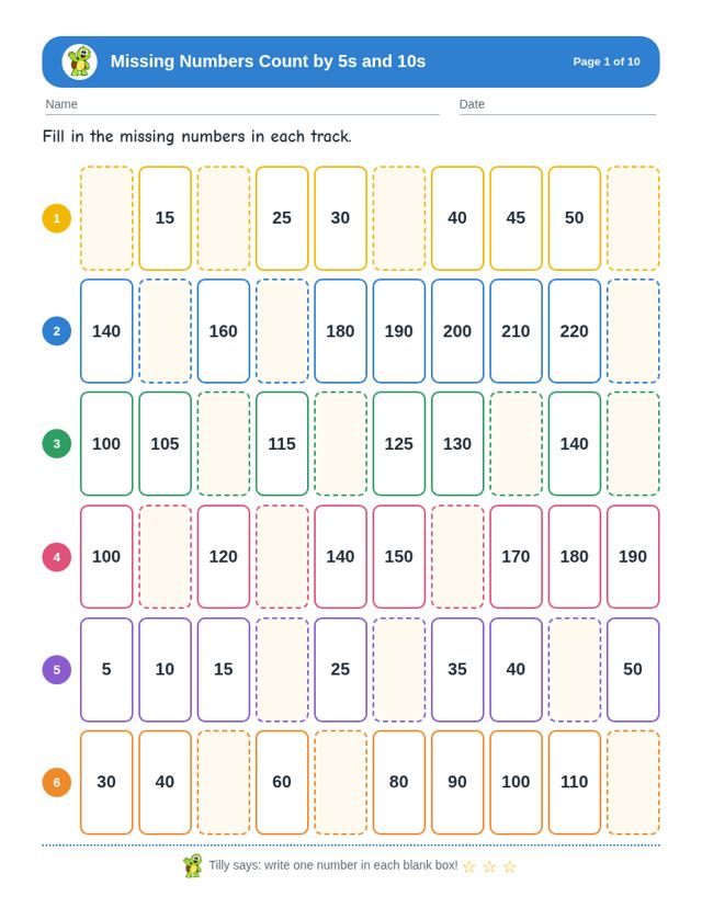 Missing Numbers Count by 5s and 10s sample page