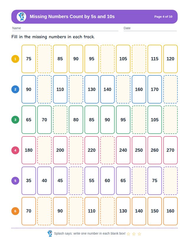 Missing Numbers Count by 5s and 10s: sample page 3