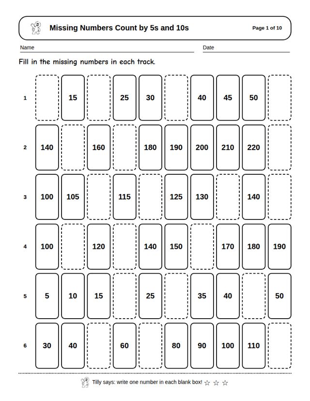 Missing Numbers Count by 5s and 10s: sample page 4