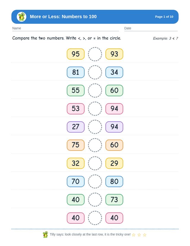 Free sample page from More or Less: Numbers to 100