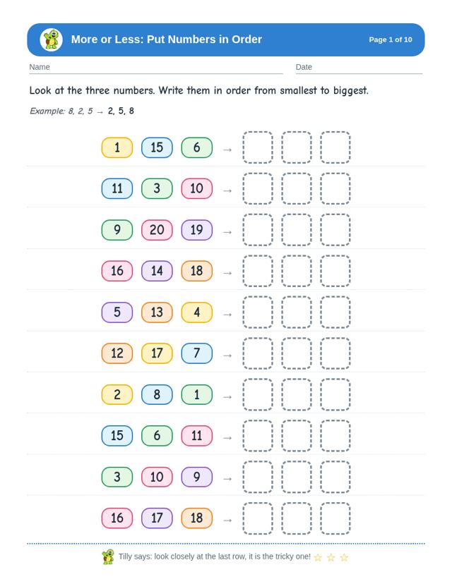 More or Less: Put Numbers in Order sample page