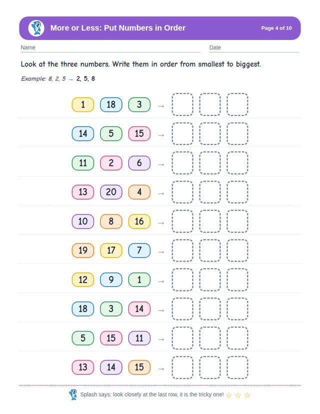 More or Less: Put Numbers in Order: sample page 3