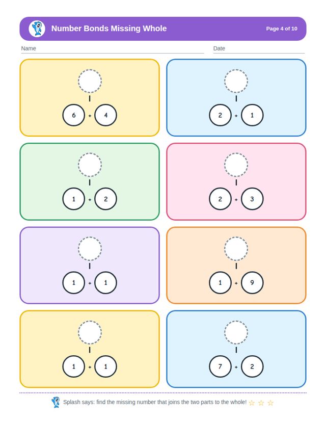 Number Bonds Missing Whole: sample page 3
