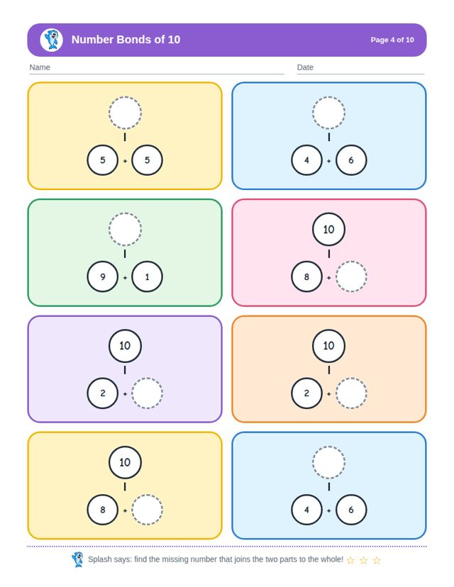 Number Bonds of 10: sample page 3