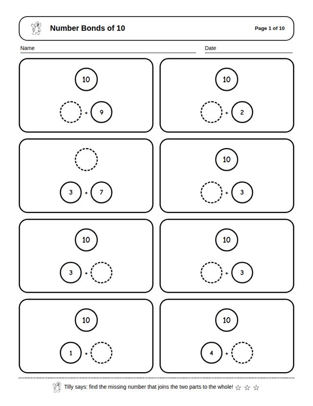 Number Bonds of 10: sample page 4