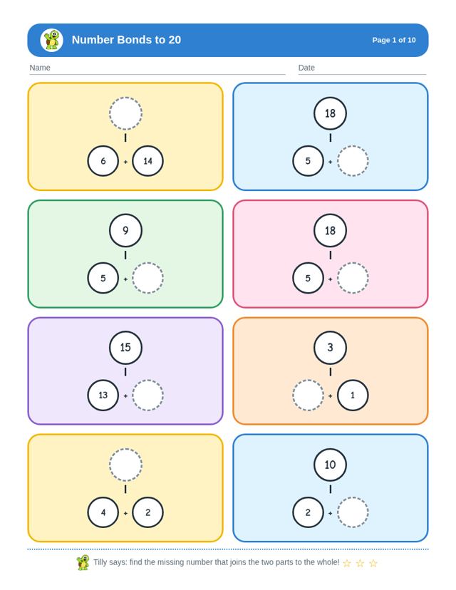 Sample page from Number Bonds to 20