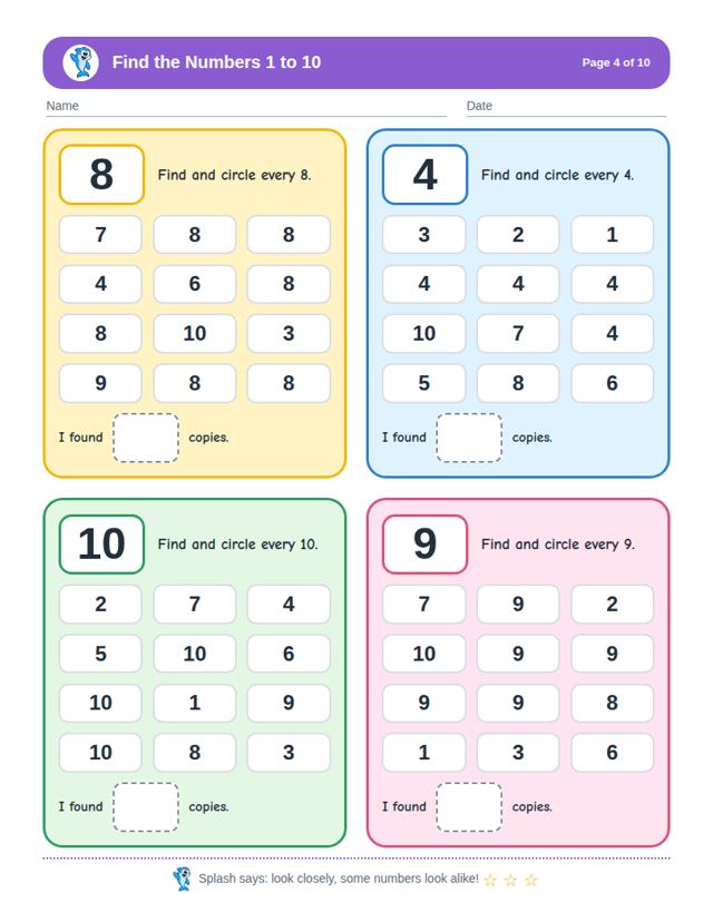 Find the Numbers 1 to 10 free sample page