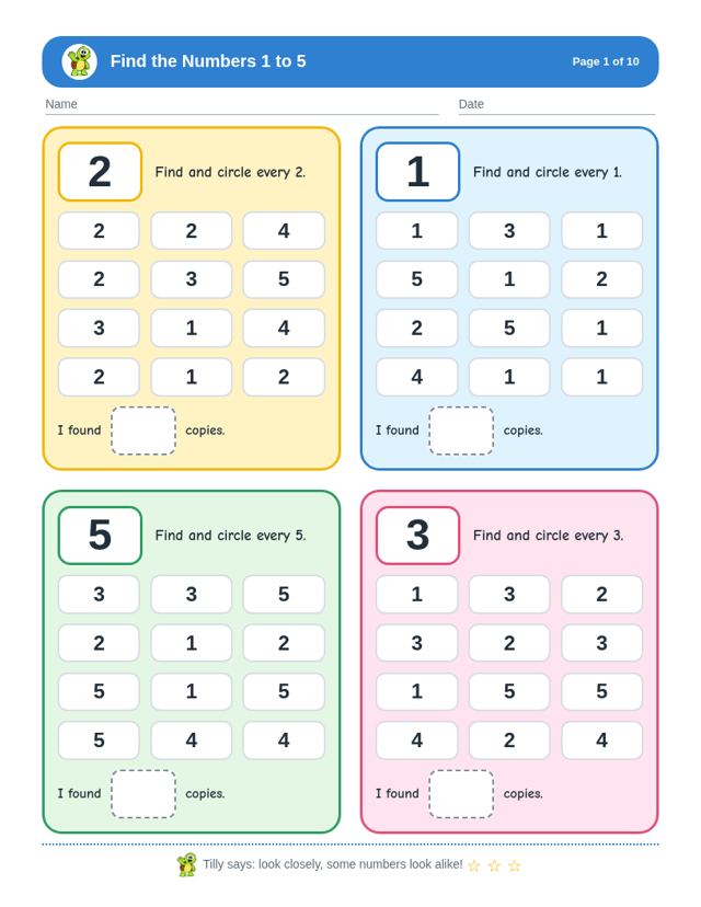 Sample page from Find the Numbers 1 to 5