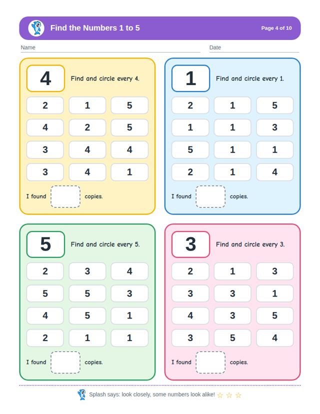 Find the Numbers 1 to 5: sample page 3