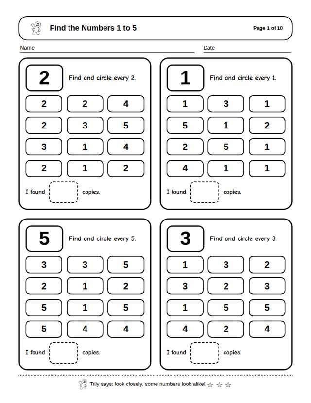 Find the Numbers 1 to 5: sample page 4