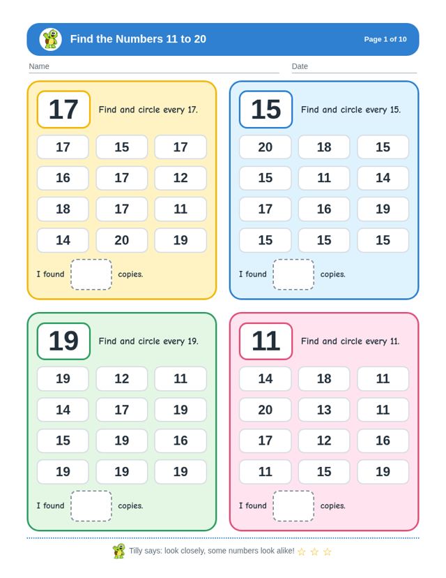 Sample page from Find the Numbers 11 to 20