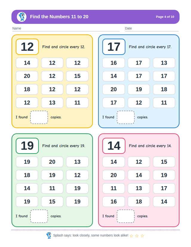 Find the Numbers 11 to 20 free sample page