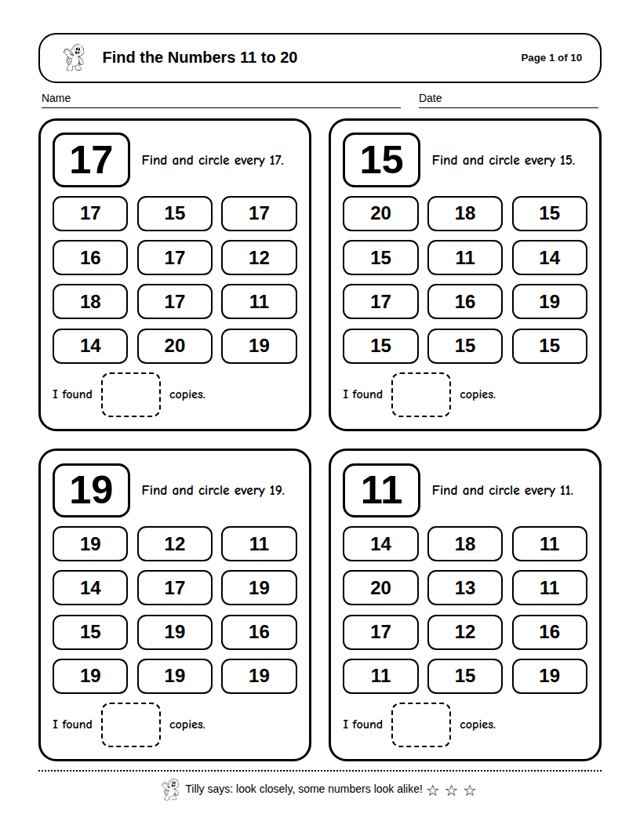 Find the Numbers 11 to 20: sample page 4