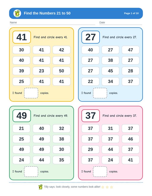 Free sample page from Find the Numbers 21 to 50