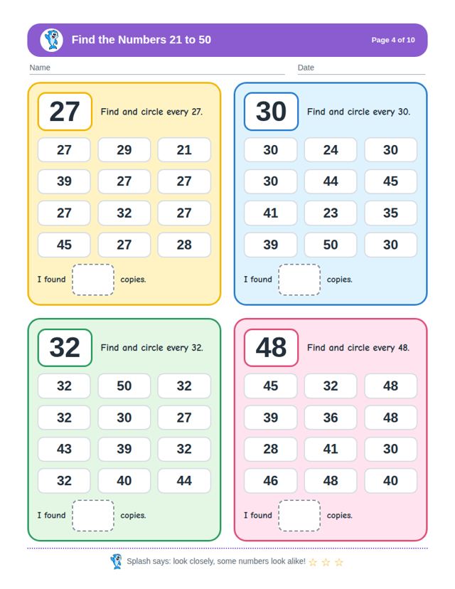 Find the Numbers 21 to 50: sample page 3