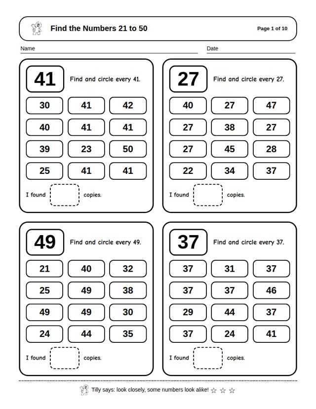 Find the Numbers 21 to 50: sample page 4