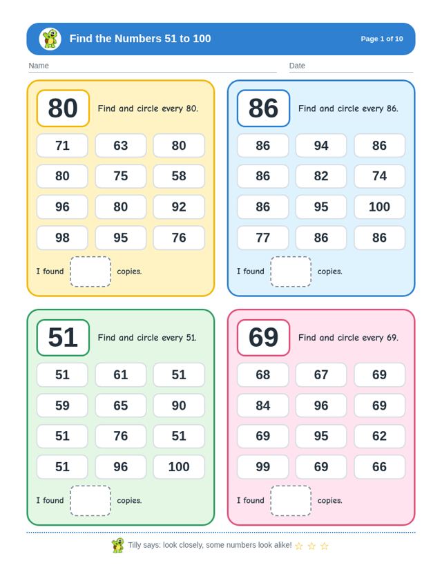 Free sample page from Find the Numbers 51 to 100