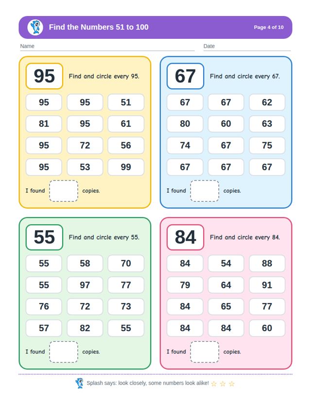 Find the Numbers 51 to 100: sample page 3