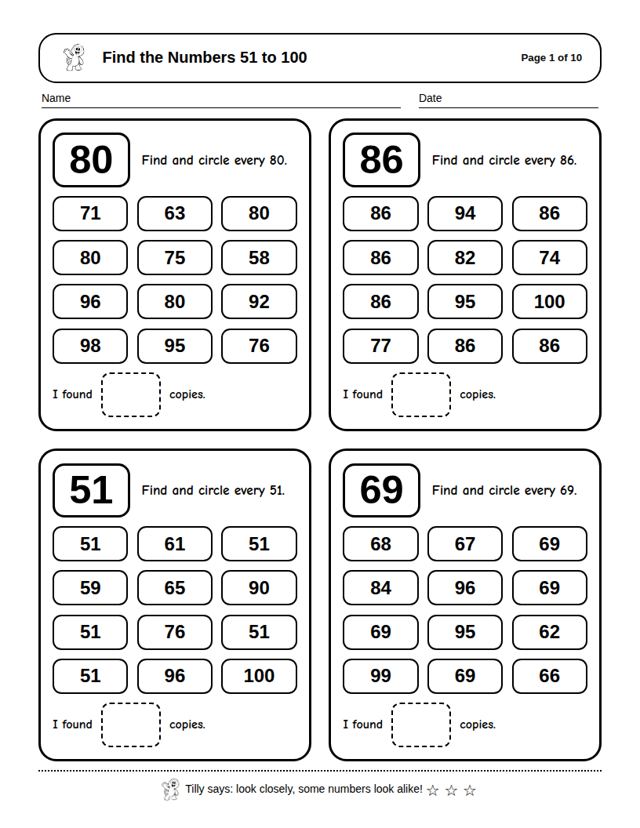 Find the Numbers 51 to 100: sample page 4