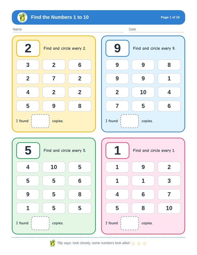 Number Recognition Bundle sample page