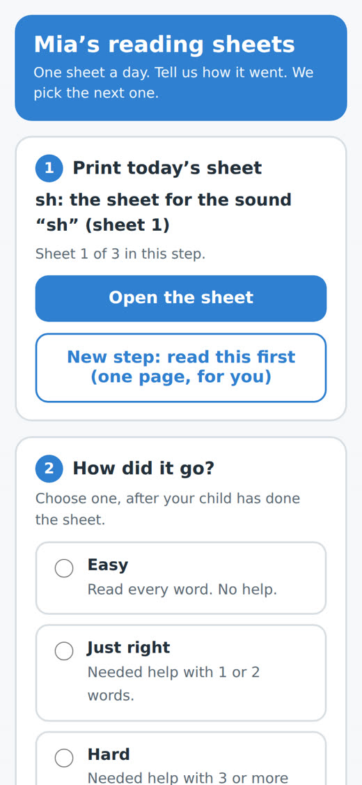 The family page on a phone: today’s sheet