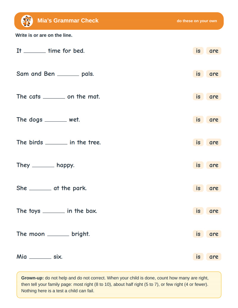 A grammar check at the end of a stage: ten sentences for is and are
