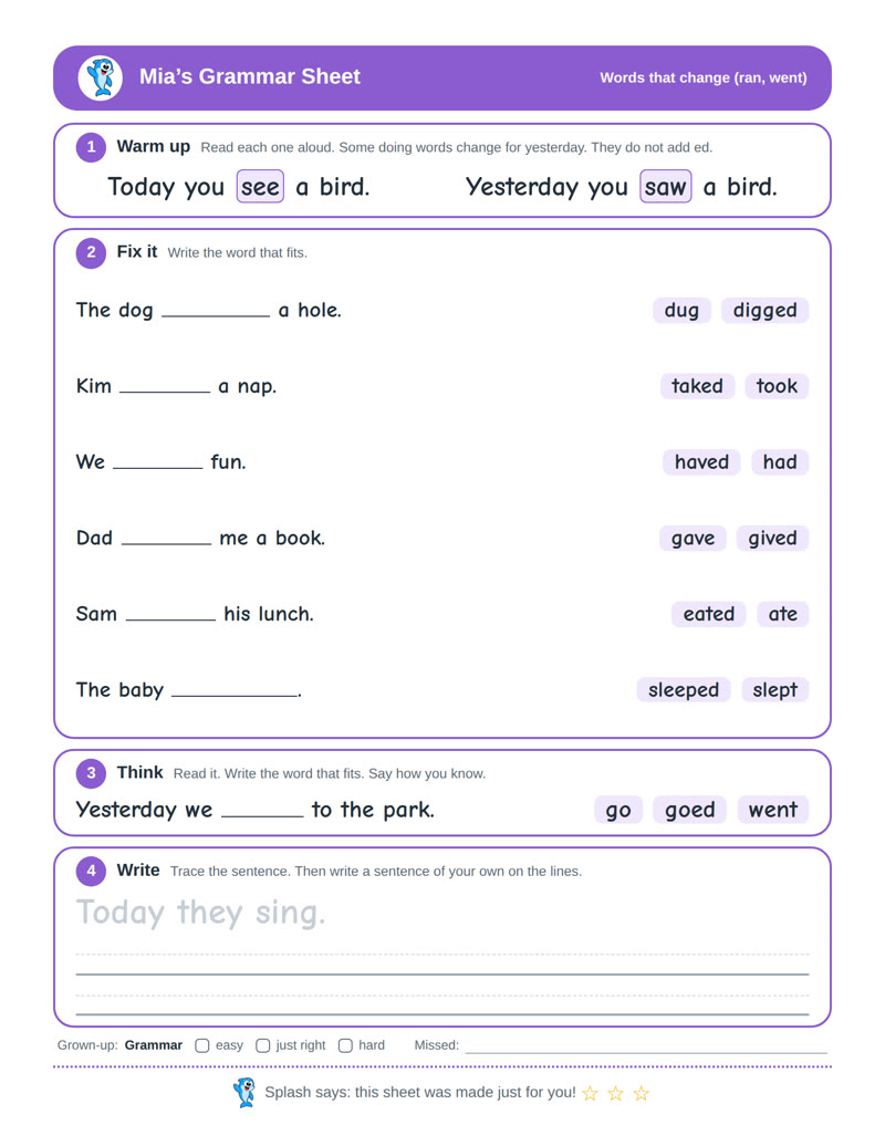 A grammar sheet for words that change, like ran and went
