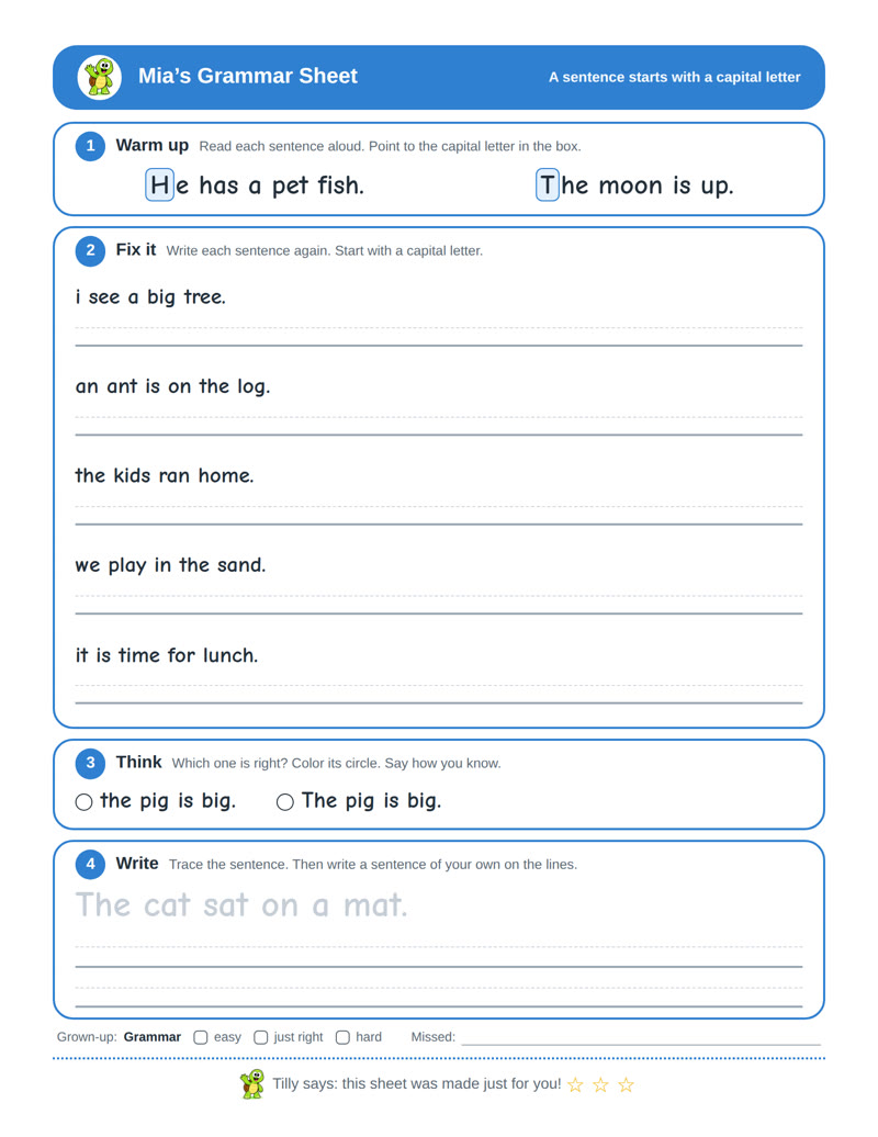 A grammar sheet for starting a sentence with a capital letter