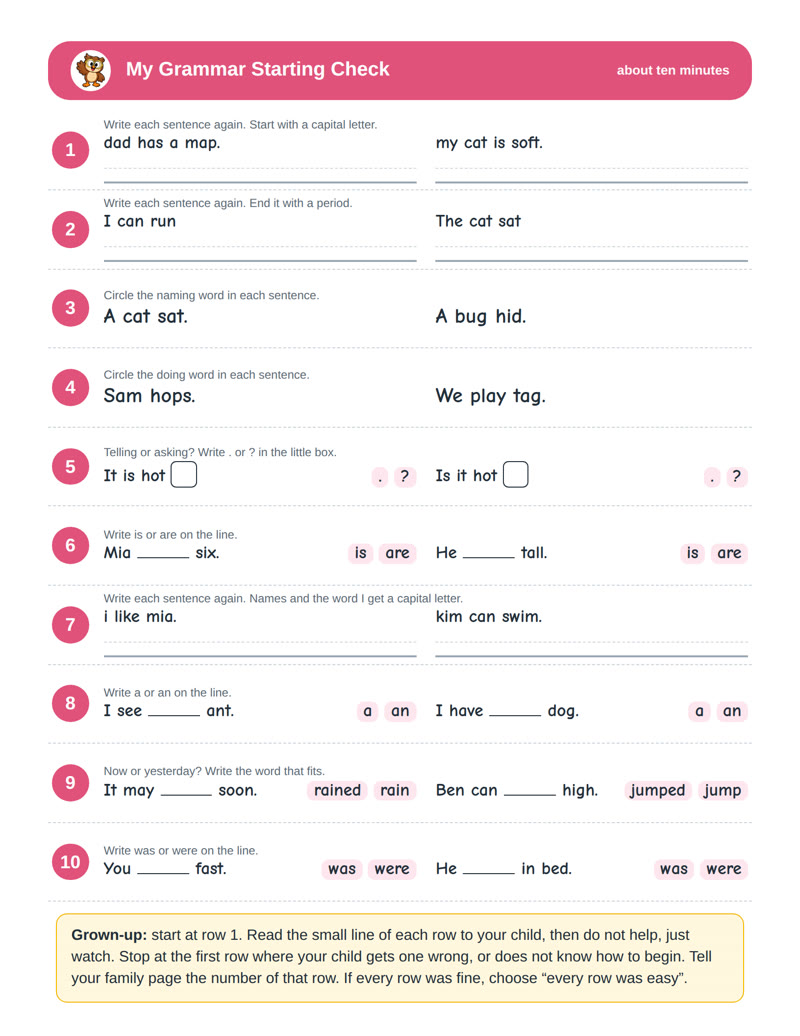 The grammar starting check: ten rows, two short jobs in each