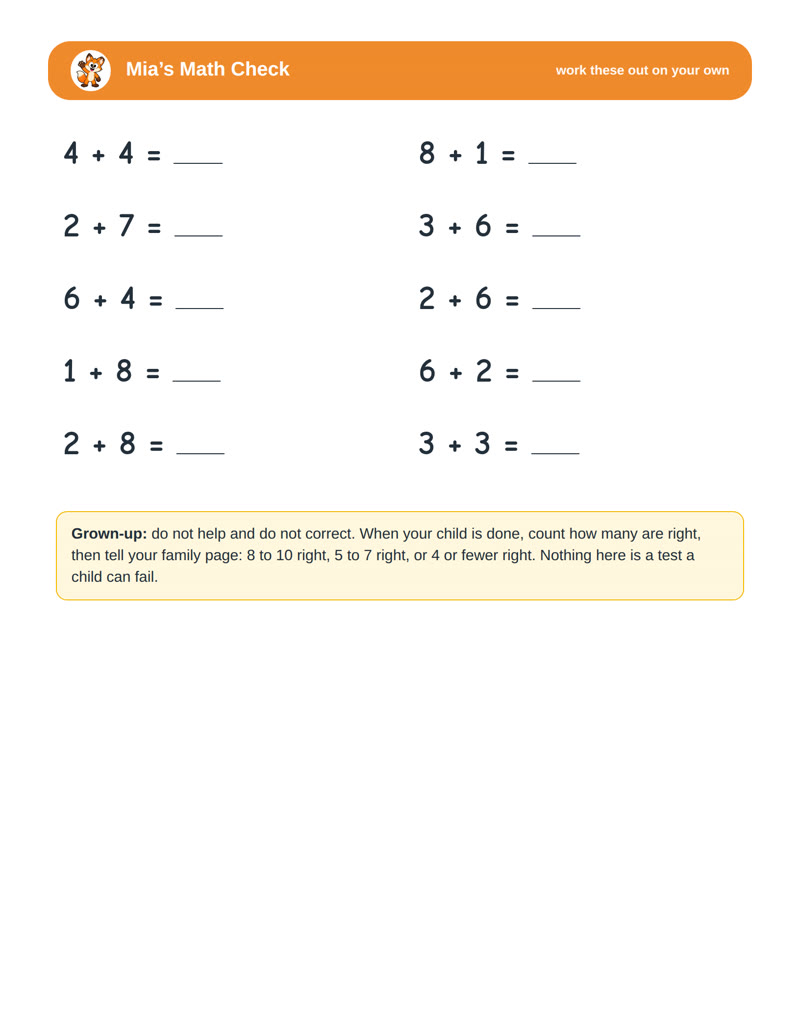 A math check at the end of a stage: ten sums