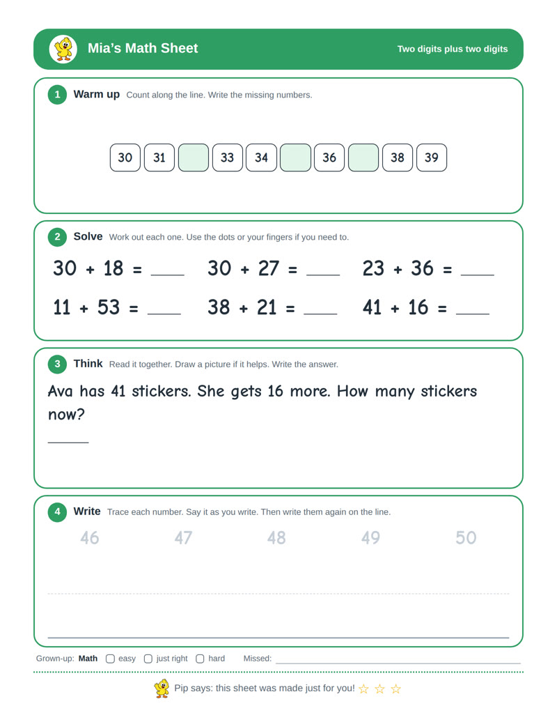 A math sheet for two digits plus two digits
