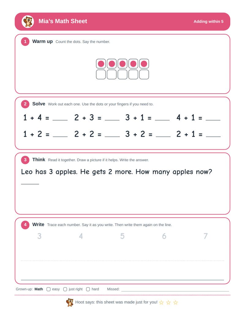 A math sheet for adding within 5