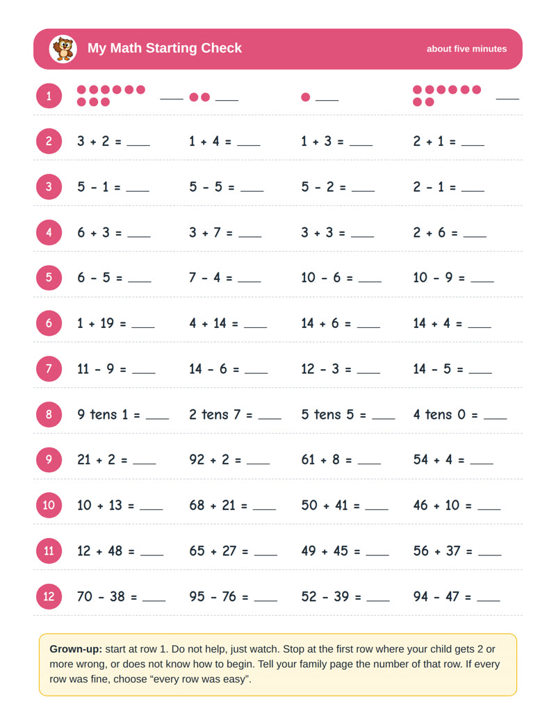 The math starting check: twelve rows, from counting dots to two-digit sums