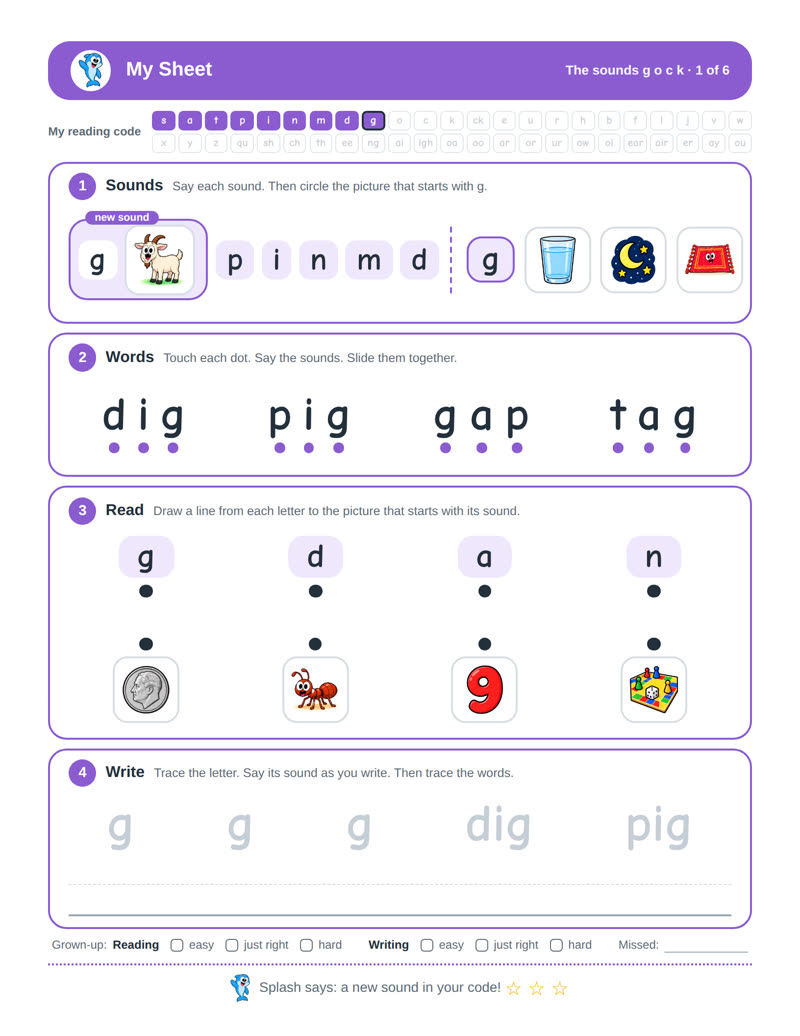 A sheet for the letter sounds