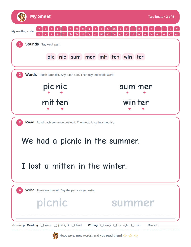 A sheet for longer words