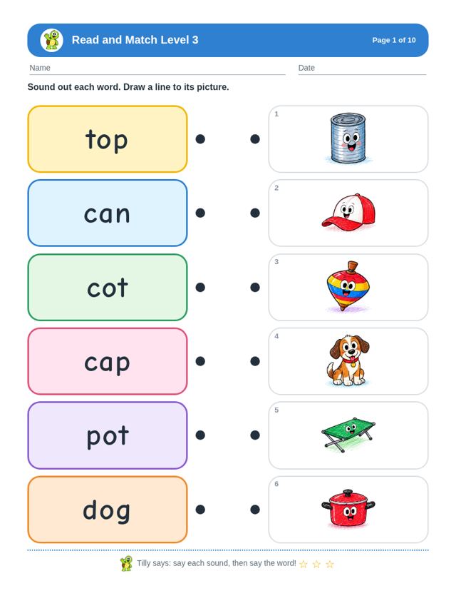 Read and Match Level 3 sample page