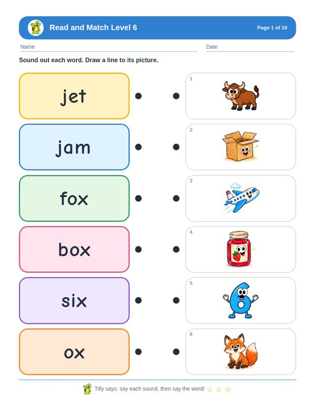 Sample page from Read and Match Level 6