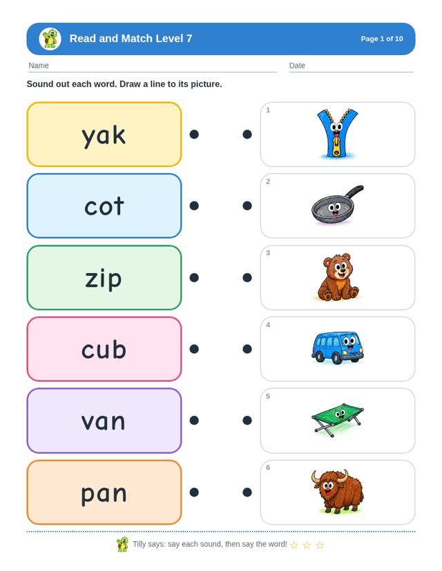 Sample page from Read and Match Level 7
