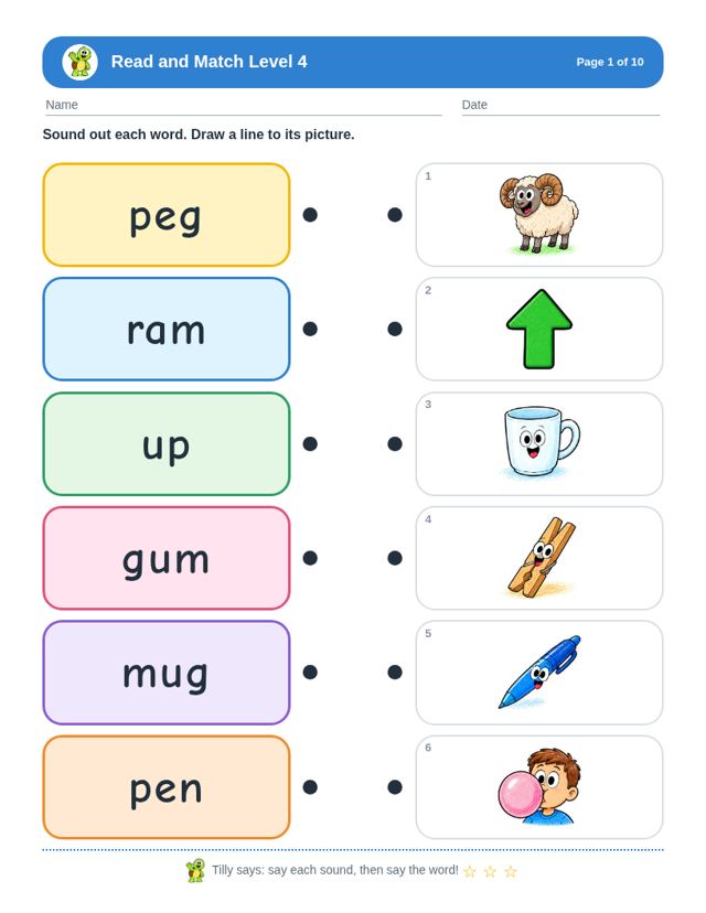 Sample page from Read and Match Level Bundle