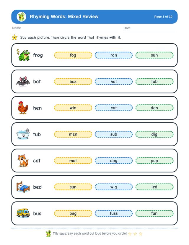 Free sample page from Rhyming Words: Mixed Review
