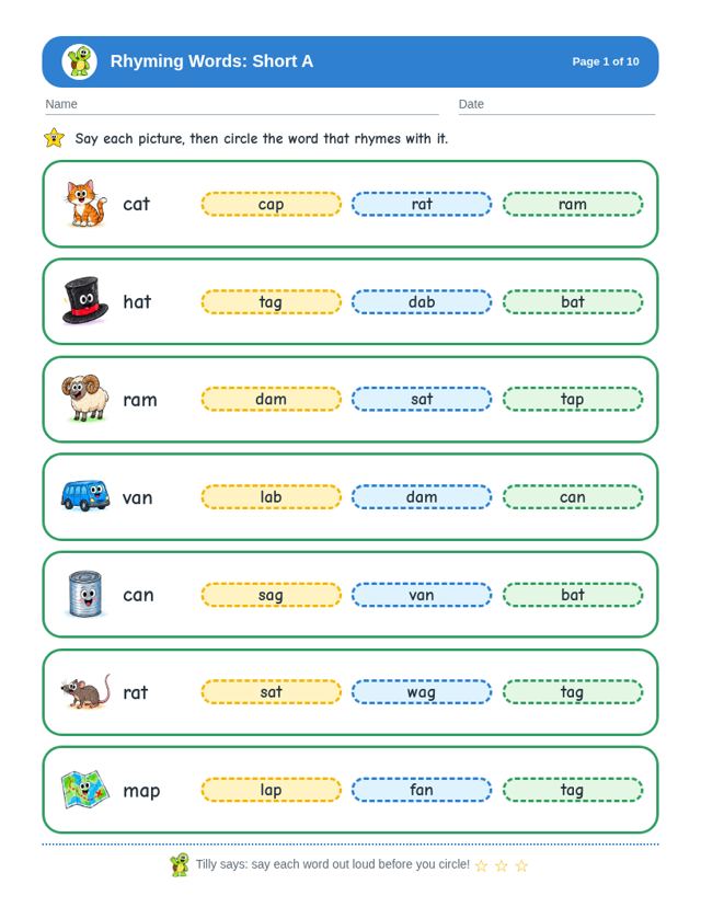 Rhyming Words: Short A sample page